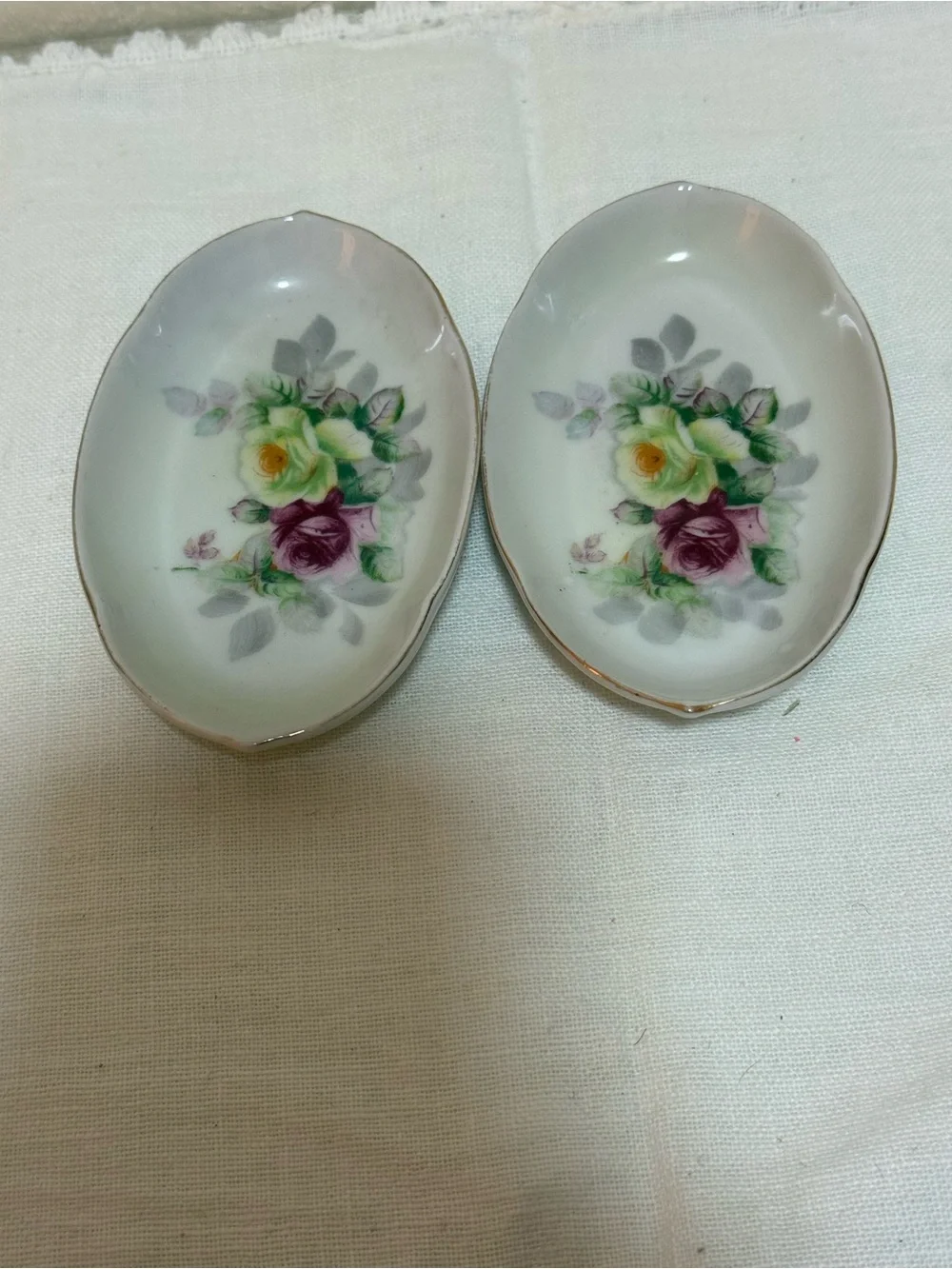 Vintage Butter Pats/ Trinket Dish Floral w/ Gold Trim 4” Set Of 2